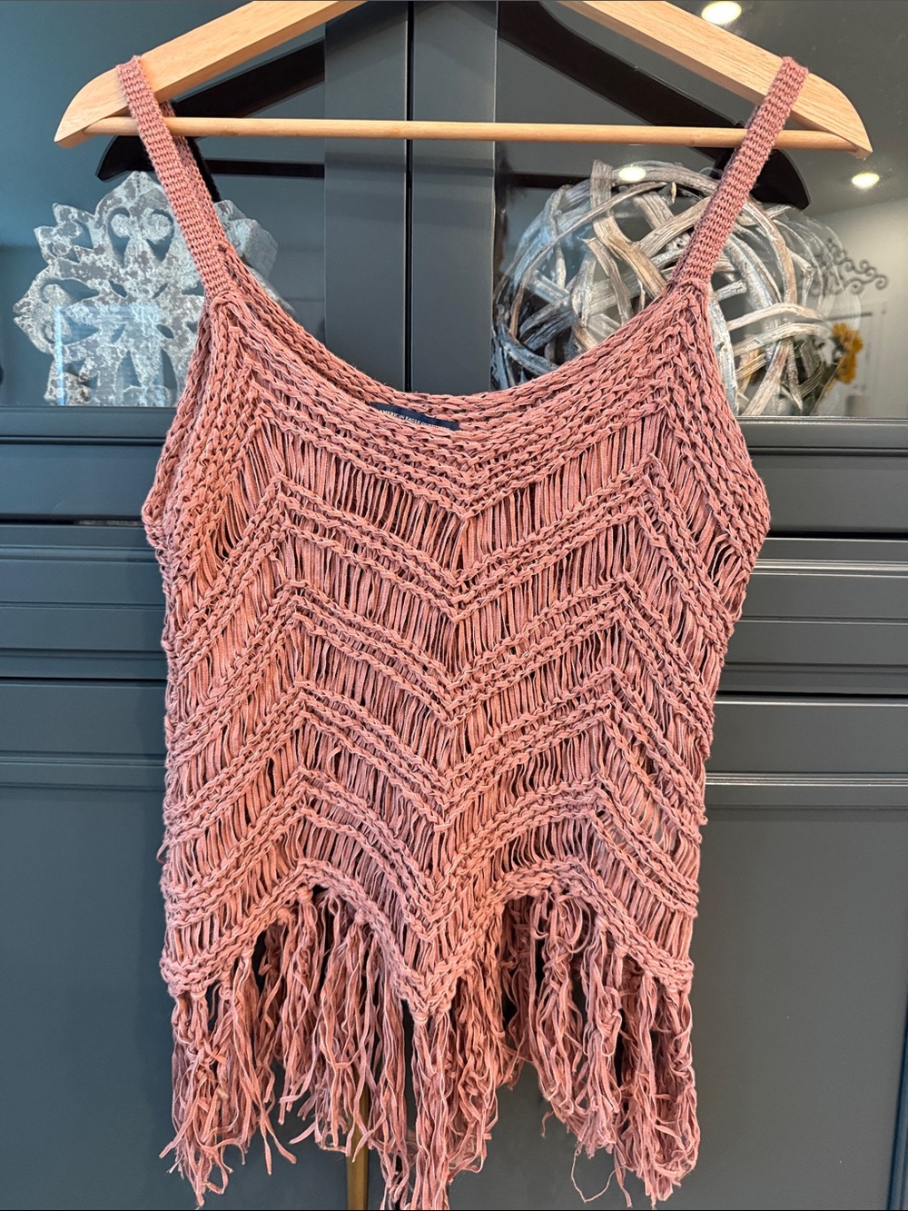 American Eagle Outfitters Crochet Fringe Tank in Dusty Rose Brown